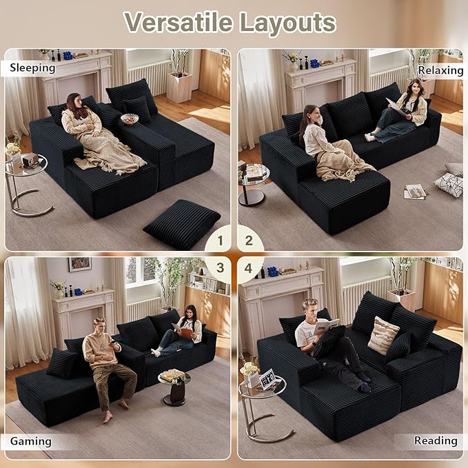 107" Cloud Sectional Couch with L-Shape Chaise, Modern Modular Comfy Sofa with Deep Seat, Upholstered Corduroy Couches Sleeper Chaise Longue for Living Room Bedroom, No Assembly Required, Black