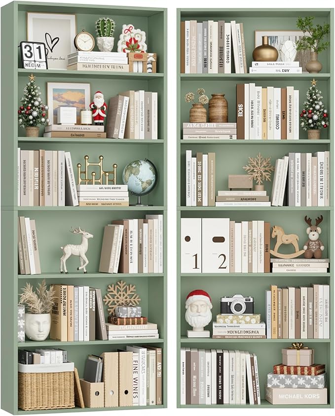 FOTOSOK 6-Tier Open Bookcase and Bookshelf Set of 2, Freestanding Display Storage Shelves Tall Bookcase for Bedroom, Living Room and Office,Green