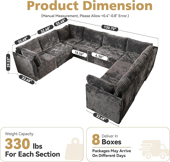 Large 8 Seat Modular Sectional Sofa with Ottoman Seat Corduroy Sleeper Sectional Sofa Bed Oversized Convertible Modular Couch for Living Room