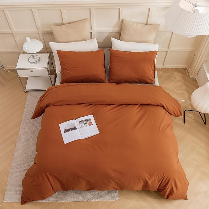 ECOCOTT 100% Washed Cotton Duvet Cover Twin Size – Soft & Breathable Linen Feel Bedding Set, 3 Pieces Brown Comforter Cover with Zipper Closure for All Seasons