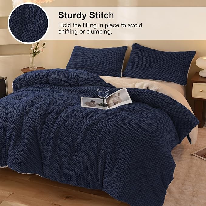 3D Jacquard Design Comforter Set, Ultra-Soft Warm Queen Size Sherpa Fur Plush 3-Pieces Sets Luxury Cozy Bedding with 2 Pillowcases (90"x90", Navy Blue)