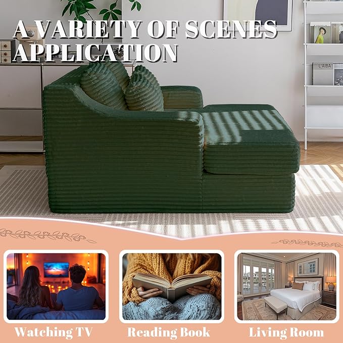 55 Inch Chaise Lounge Indoor - Oversized Chaise Lounge with 4 Throw Pillows and Armrets, Upholstered Plush Sofa Bed, Corduroy Lazy Chair Bed, Sleeper Chair for Living Room or Bedroom, Green