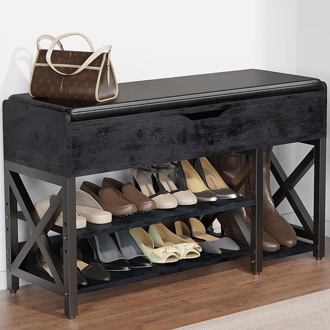 Shoe Bench, Lift Top Shoe Storage Bench, Adjustable Shelf Entryway Bench with Padded Cushion for Entry, Closet, Living Room, Hallway, 2-Tier Shoe Rack Organizer(Black, 39.5“W)
