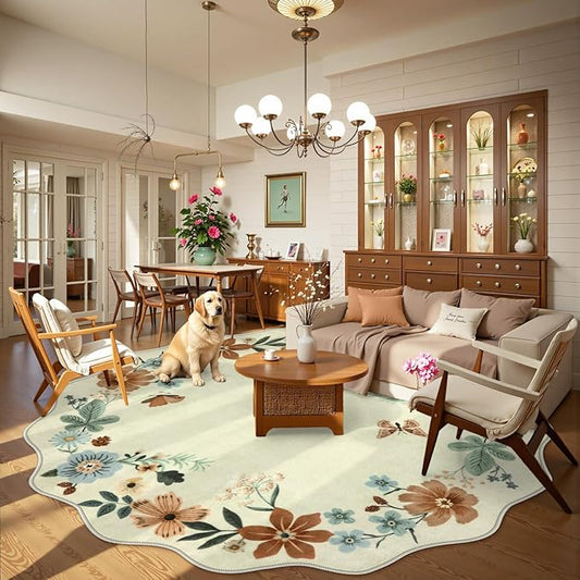 Lahome Floral Washable Round Area Rug, Soft Round Rugs 6ft Ultra-Thin Non-Slip, Boho Large Circle Carpet for Bedroom Living Room Kitchen Nursery, Beige