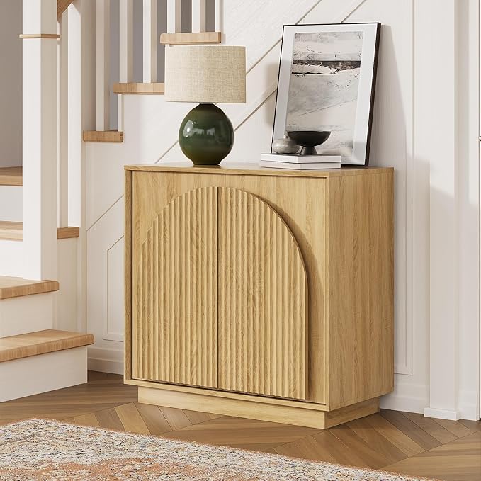 win2win Fluted Sideboard Buffet Cabinet with Storage, 31.5" Modern Boho Accent Cabinet with Double-Layered Arch Doors, Small Wood Console Credenza for Living Room, Dining Room, Entryway, Hallway, Oak