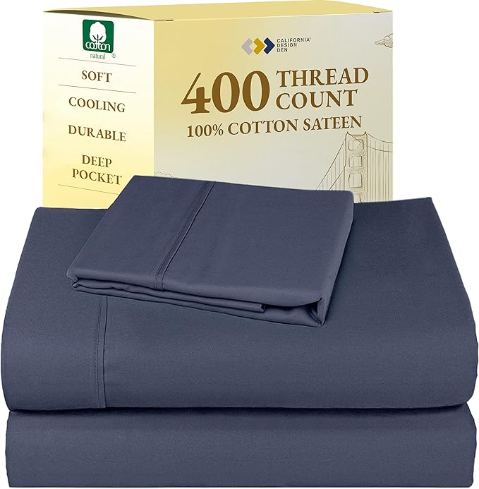 California Design Den Twin XL Sheet Sets - Soft 400 Thread Count Sateen, Natural 100% Cotton Sheets with Deep Pockets, Durable Bedding Set - Indigo Dusty Blue CaliforniaDesignDen