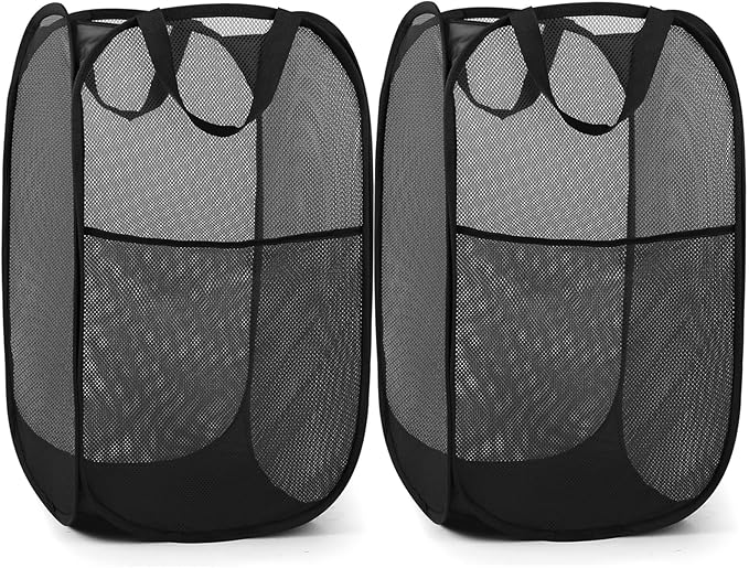2 Pack Durable Collapsible Laundry Baskets - Reinforced Mesh Pop Up Laundry Hamper with Pocket, Foldable Dirty Clothes Hamper with Carry Handles for Laundry, Bathroom, Kids Room, Dorm or Travel Black