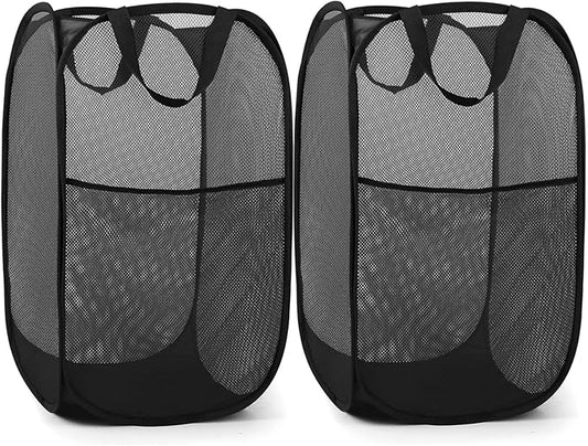 2 Pack Durable Collapsible Laundry Baskets - Reinforced Mesh Pop Up Laundry Hamper with Pocket, Foldable Dirty Clothes Hamper with Carry Handles for Laundry, Bathroom, Kids Room, Dorm or Travel Black