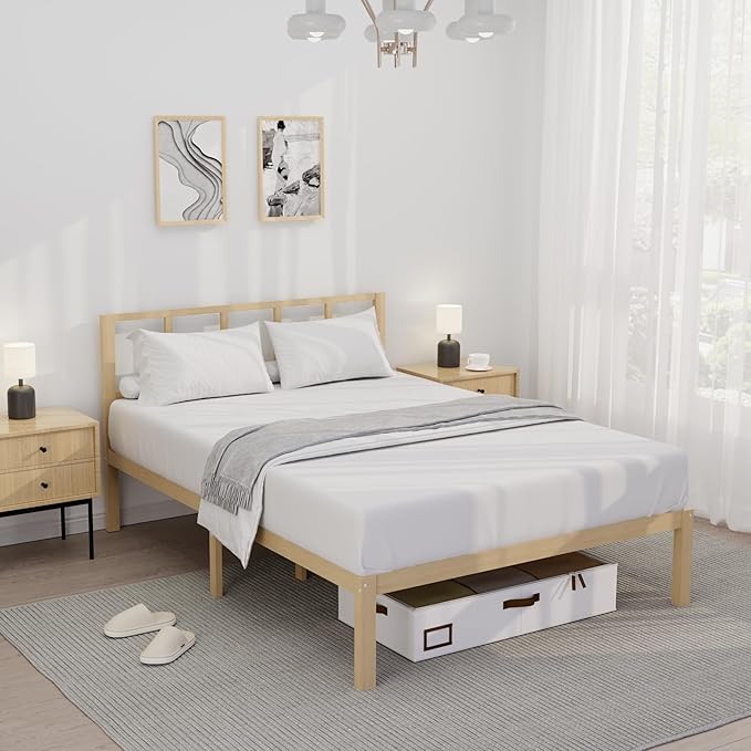 14 Inch Bamboo Bed Frame – Solid Wood Platform Bed Frame, Strong and Stable, with Non-Slip Slats for Support, No Box Spring Needed, Easy to Assemble, Noise-Free (Natural, Full with Headboard)