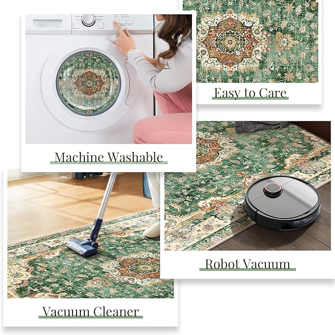 8'x10' Area Rugs Washable,Green Rug for Living Room Bedroom Dining Room,Large Boho Vintage Bohemian Distressed Oriental Carpet Non Slip,Retro Sage Floral