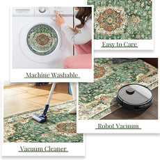 Large Green Round Rug 9ft, Boho Circle Area Rugs for Bedroom Living Room,Washable Vintage Bohemian Distressed Oriental Floral Carpet Non Slip,Retro Sage Floral