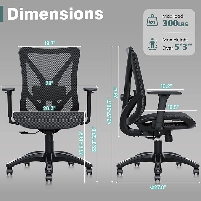 ELABEST T23 Ergonomic Office Chair with 2D Lumbar Support & 3D Headrest, High Back Mesh Swivel Chair with Adjustable 3D Armrests, Breathable Computer Desk Chair for Long Hour Sitting (Graphite Black)