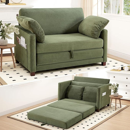 51" Convertible Loveseat Sofa Bed, 2-in-1 Folding Sofa Bed with 2 Pillow for Small Spaces, Modern Loveseat Sleeper Couch for Apartment, Living Room & Guest Room (Green Corduroy, 51 inch)
