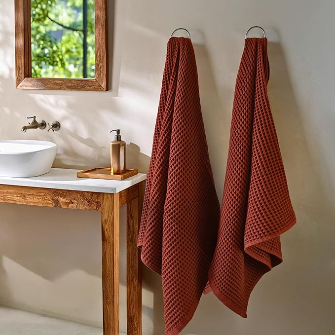 PÜSKÜL - Premium Waffle Towel Set 4 Pieces Brick Red - Organic 100% Turkish Cotton Quick-Dry Towels for Bathroom Made in Turkiye (Brick, Towel Set - 2 Hand & 2 Bath Towels)