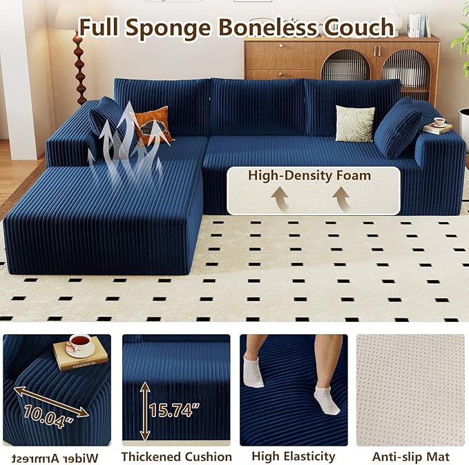 96" Modular Sectional Couch, Boneless L Shaped Cloud Sofa with Chaise Lounge, Corduroy Upholstered Couches Memory Foam Deep Seat, No Assembly Required, Ideal for Living Room(Blue, Left Facing)
