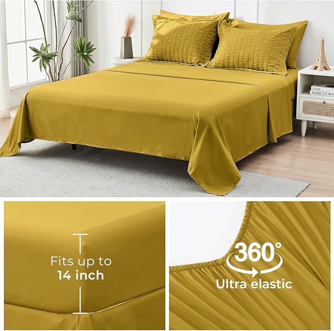 HYMOKEGE Mustard Yellow Twin XL Comforter Set Seersucker 5 Pieces, All Season Luxury Bed in a Bag for Bedroom, Bedding Set with Comforter, Sheets, Pillowcase & Sham