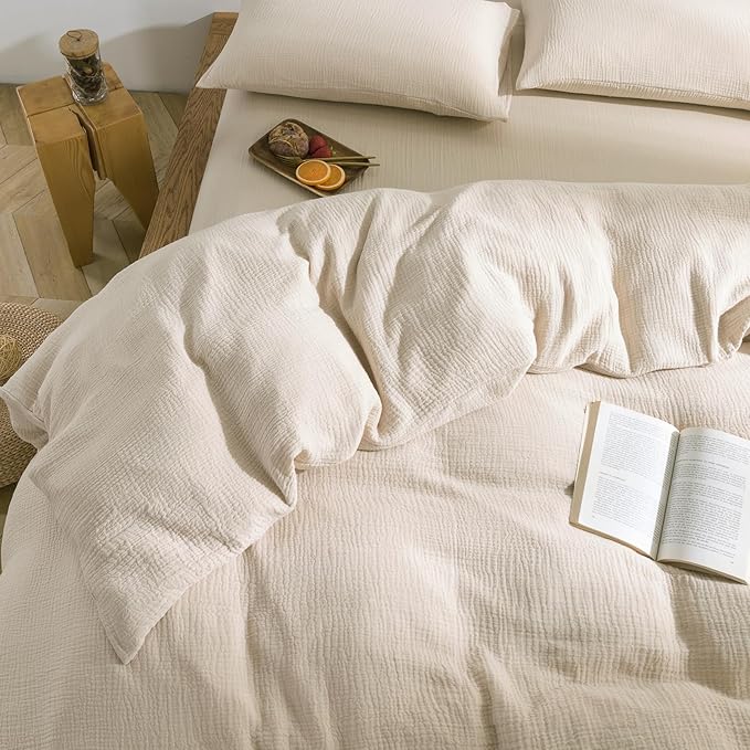 VM VOUGEMARKET 100% Cotton Muslin Duvet Cover King Size 3-Layer Guaze Textured Off-White Bedding Set,Ultra Soft Breathable Textured Linen Like Comforter Cover with Zipper&Ties-Oatmeal