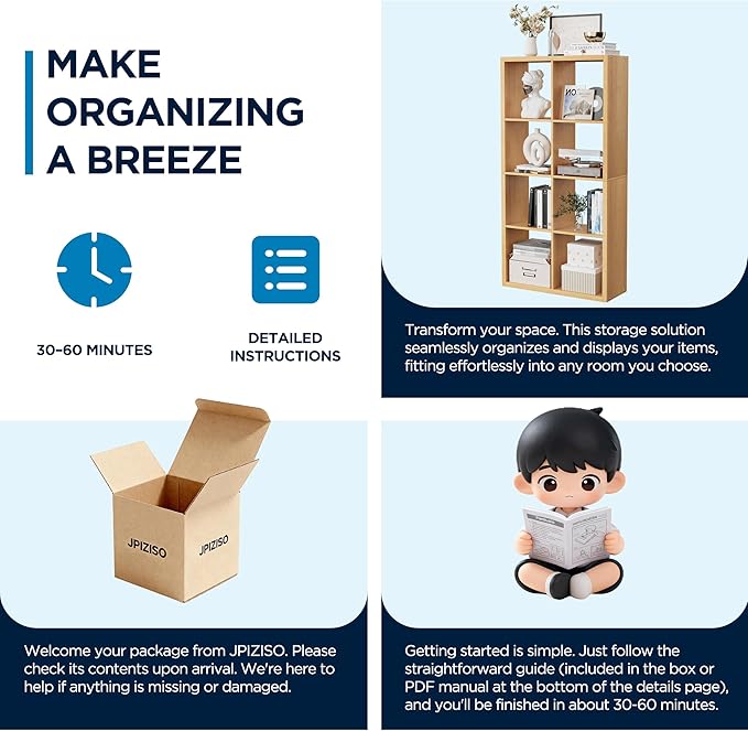 8 Cube Storage Organizer, Cube Shelf with Heavy-Duty Thick Boards, 25.12" L x 9.37" W x 48.74" H, Smooth Easy-Clean Panels, Simple Assembly, for Living Room Bedroom Office, Natural-Oak