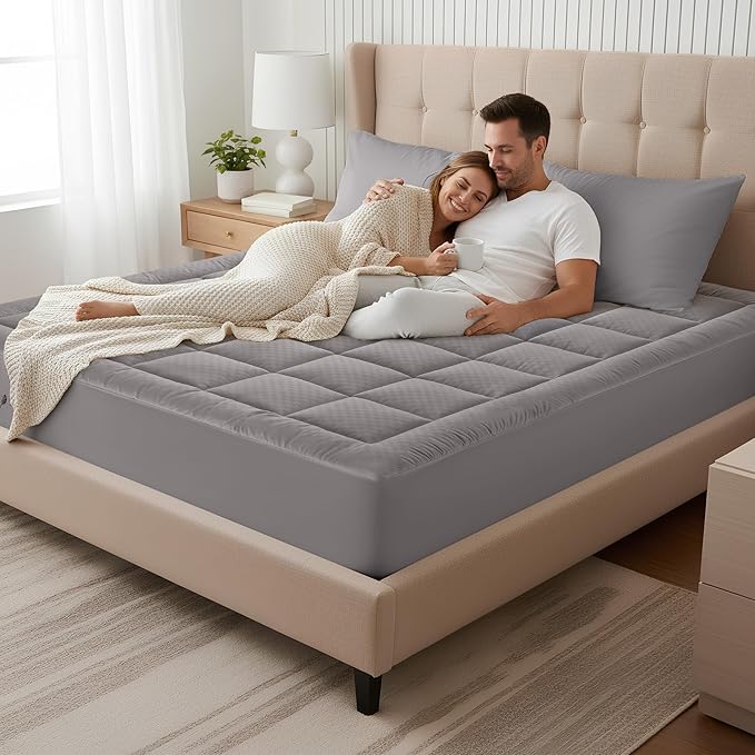 OLANLY King Quilted Fitted Mattress Pad – Soft Down Alternative Pillow Top Mattress Topper, Cooling Comfort Breathable Mattress Cover, Machine Washable Deep Pocket Mattress Protector, Light Grey
