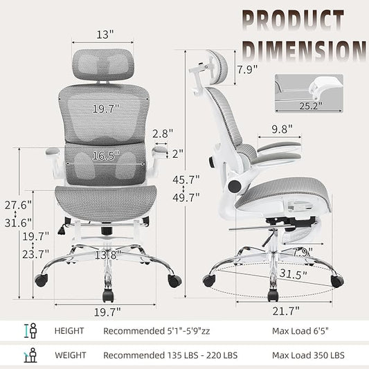 Ergonomic Office Chair, Adjustable High Back Desk Chair with Headrest Footrest 2D Lumbar Support - Executive Breathable Mesh Comfy Swivel Rolling Reclining Computer Task Chairs for Home Office Gaming