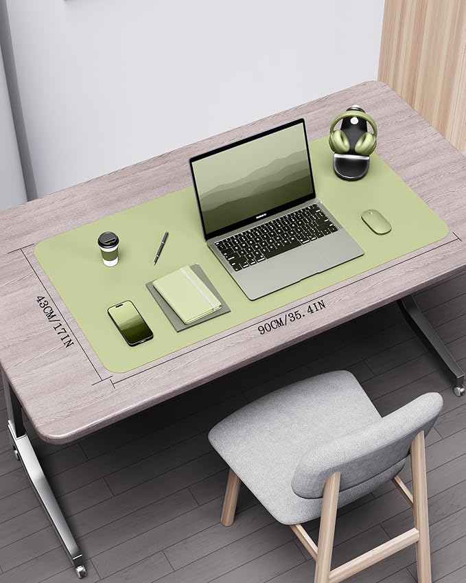 YSAGi Double-Sided Desk Pad, 35.4"x17" Leather Desk Mat, Eco Cork Desk Pad Protector,Large Mouse Pad,Waterproof Desk Blotter for Office/Home (Matcha Green/Cork)