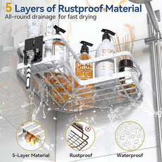 YASONIC Corner Shower Caddy, 5-Pack Adhesive Rustproof Stainless Steel Shower Organizer with Soap Holder, No Drilling Shower Shelf for Inside Shower, Dorm, Renters, White