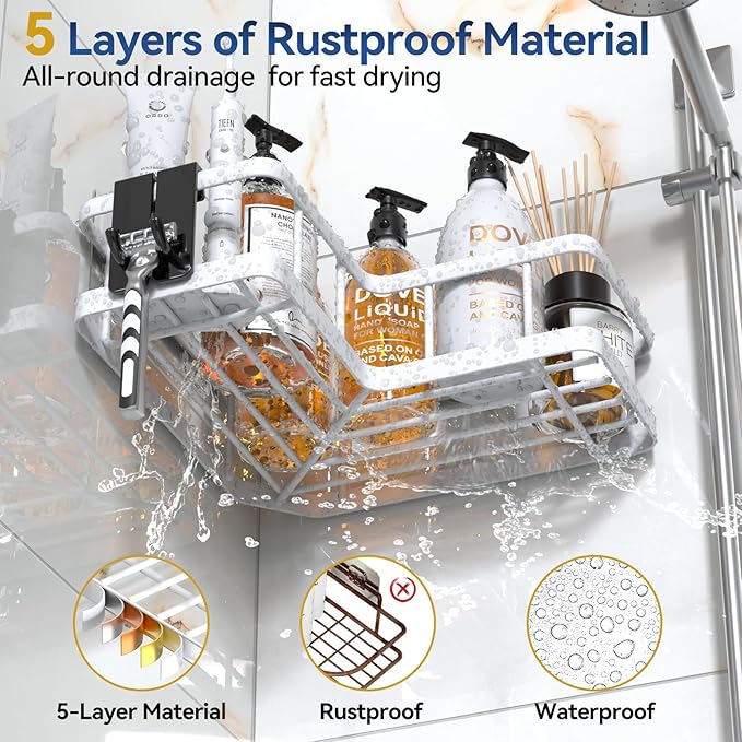 YASONIC Corner Shower Caddy, 5-Pack Adhesive Rustproof Stainless Steel Shower Organizer with Soap Holder, No Drilling Shower Shelf for Inside Shower, Dorm, Renters, White