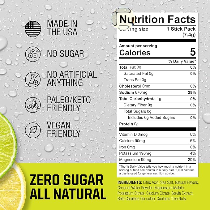 Fire Science Fire Salt Hydration Sticks, Electrolytes & Coconut Water, Hydration Drink Mix with Magnesium, Potassium & Sodium, Zero Sugar, Single Serve On The Go Packs, Lemon Lime Flavor, 32 Count