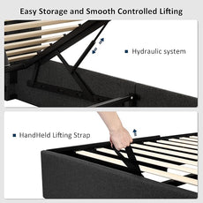 Queen Size Lift Up Storage Bed, Upholstered Platform Bed Frame with Wingback Headboard, Hydraulic System, Solid Wooden Slats Support, Noise-Free, Easy Assembly, No Box Spring Needed, Dark Grey