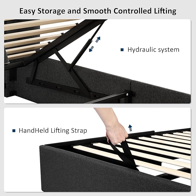 Queen Size Lift Up Storage Bed, Upholstered Platform Bed Frame with Wingback Headboard, Hydraulic System, Solid Wooden Slats Support, Noise-Free, Easy Assembly, No Box Spring Needed, Dark Grey
