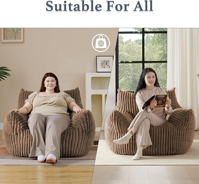Giant Plush Bean Bag Chair for Adults with Armrests - Oversized Comfy Khaki Beanbag Lounge Lazy Floor Sofa Chair for Living Room, Bedroom & Dorm, Cozy Fluffy Single Cloud Mini Couch