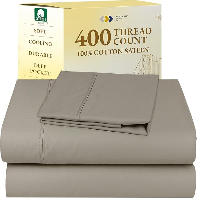 California Design Den Twin XL Sheet Sets - 100% Cotton Sheets, 400 Thread Count Sateen, Deep Pockets, and Durable Bedding for Dorm Rooms & Adults - Taupe CaliforniaDesignDen