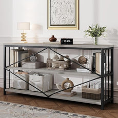 HSH Low Bookshelf, Wood Metal 3 Tier Long Horizontal Bookcase, Large Open Etagere Bookshelves with Storage for Bedroom, Farmhouse Wide Book Shelf for Home Office Living Room, Light Grey Oak, 70 Inch