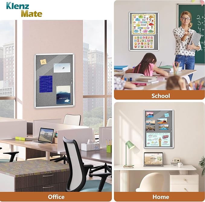 38"x28" Enclosed Bulletin Board Tamper-Proof Dispaly Case,Grey Fabric&Aluminium Frame,Shatter Resistant Lockable Bulletin Board with Clear Acrylic Door for School,Office,Mall,Community,Hospital,Church