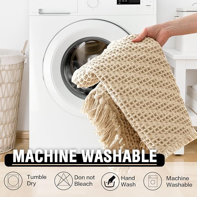 H.VERSAILTEX Waffle Bath Mat Super Absorbent Boho Bath Mat Non Slip Bath Rugs for Bathroom Floor Machine Washable Dry Fast Bathroom Rugs with Tassels (47 x 17 Plus 17 x 24 Inches, Sand)
