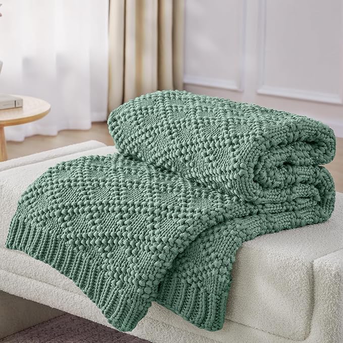 Knitted Weighted Blanket for Adult, Chunky Knit Weighted Throw for Sleep 60"*80" 10lbs, Cooling Breathable Machine Washable Heavy Blanket for Room Decor (HazeGreen, Queen)