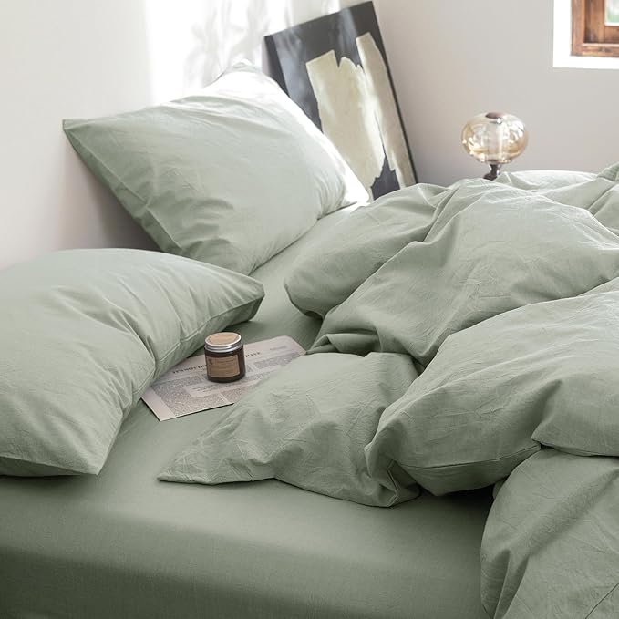 FOSSA Duvet Cover Set 100% Washed Cotton Linen Feel Super Soft Breathable Cozy 3 Pieces Bedding Sets Solid Sage Green California King