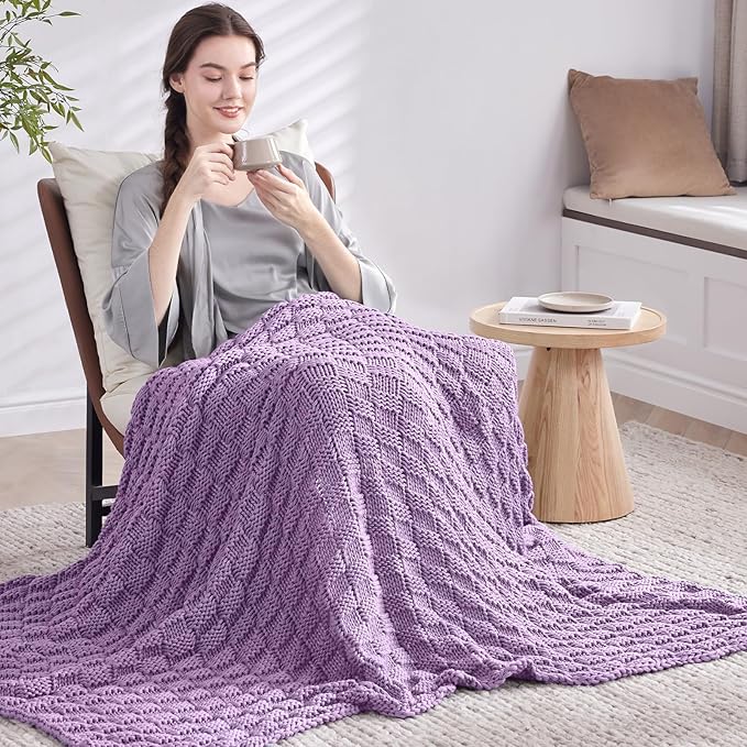 Knitted Weighted Blanket for Adult, No Beads Heavy Blanket 60” x 80'' 10lbs, Breathable Chunky Knit Blanket, Cooling Weighted Blanket for Hot Sleepers, Christmas Home Decor (Lilac)