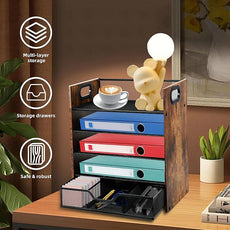 Wood Desk Organizer - 5-Tier Desktop File Organizer with Drawer, Wooden Paper Tray, Office Desk Organzier and Accessories for Papers, Mail, Notebooks, Stationery