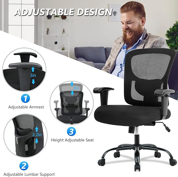 Big and Tall Office Chair 400lbs Wide Seat Desk Chair Computer Chair with Lumbar Support Adjustable Arms Task Rolling Swivel Mesh Executive High Back Ergonomic Chair for Adults Women,Black