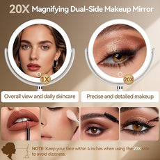 Shinowa Makeup Mirror with Lights, 1X/20X Lighted Magnifying Mirror with Storage for Makeup & Jewelry, 2-Sided Height Adjustable Vanity Mirror with 3 Color Lights, 360° Rotation & Rechargeable, White