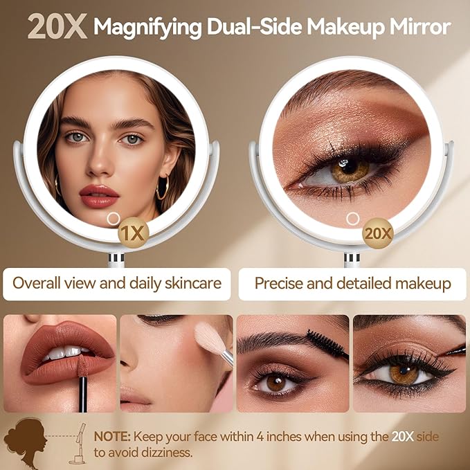 Shinowa Makeup Mirror with Lights, 1X/20X Lighted Magnifying Mirror with Storage for Makeup & Jewelry, 2-Sided Height Adjustable Vanity Mirror with 3 Color Lights, 360° Rotation & Rechargeable, White