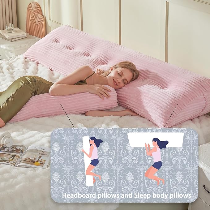 Headboard Wedge Pillow + A Long Neck Roll Pillow Body Pillow，Large Headboard Pillow with Removable Cover (Pink, Twin：39x8x20 inches)