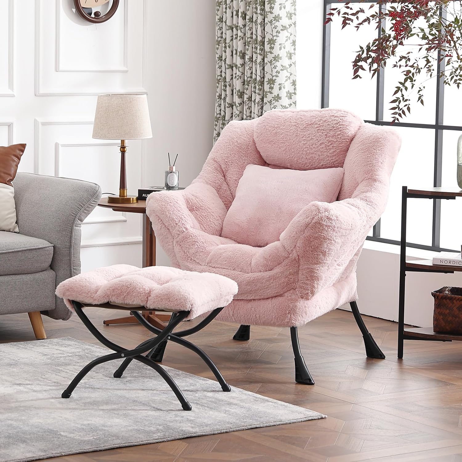 Lazy Chair with Ottoman, Large Pink Accent Chair with Ottoman and FA Throw Pillow, Comfy Plush Reading Chair for Living Room Bedroom Dorm Room Office Apartment Relaxing Use Dormly