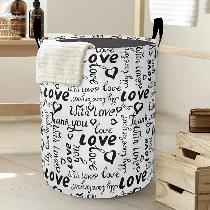 Laundry Basket,Black White Love Large Canvas Fabric Lightweight Storage Hamper Organizer Dirty Clothes Collapsible Waterproof for College Dorms,Bathroom
