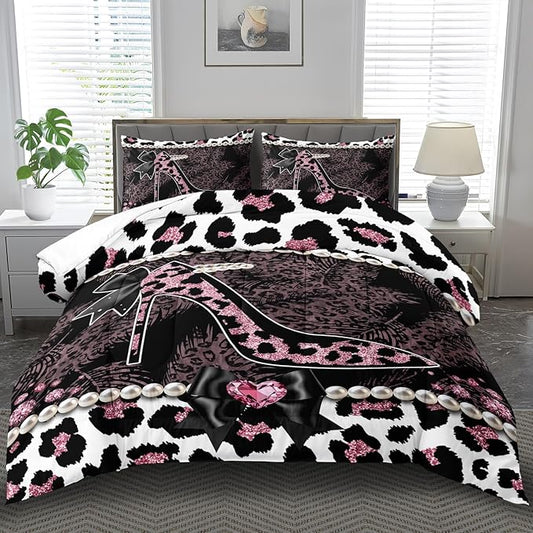 Sexy High Heels Leopard Print Comforter Set Queen Girls Red Cheetah Print Bedding Set Women High Heels Leopard Comforter Animal Quilt Bedroom Decor Cheetah Bedding Bed Decor