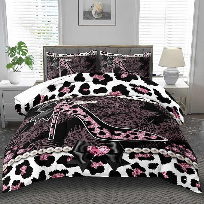 Sexy High Heels Leopard Print Comforter Set Twin Girls Red Cheetah Print Bedding Set Women High Heels Leopard Comforter Animal Quilt Bedroom Decor Cheetah Bedding Bed Decor