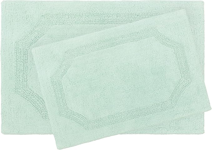 Laura Ashley - Reversible Cotton Bath Mat, Premium Bathroom Décor, Machine Washable Bathroom Rug, Highly Absorbent, 17"x24"/20"x32" 2-Piece Set, Aqua