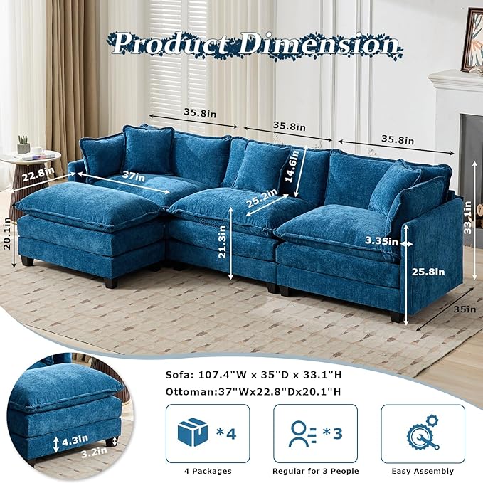 SoarFlash Chenille Sectional Middle Position Sofa,Blue