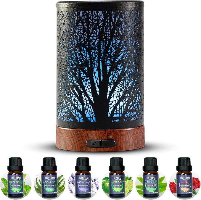 Oil Diffuser with Essential Oils Set – Aromatherapy Oil Diffuser 150ml with 6 Essential Oils Set, Cool Mist Diffusers for Essential Oils, Auto Shut-Off Protection,7 Colors Night Light, Gifts for Mom